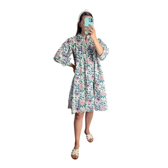 Nesara Block Print Floral Organic Cotton Blouson Sleeve Dress Tuckernuck - Picture 1 of 9